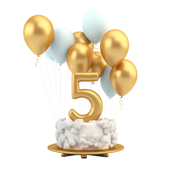 stock image Number 5 birthday celebration cake with golden balloons and white clouds. 3D Render