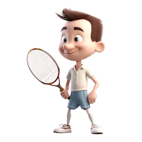 Render Van Een Jongen Met Tennisracket Illustratie Met Geïsoleerde Witte — Stockfoto