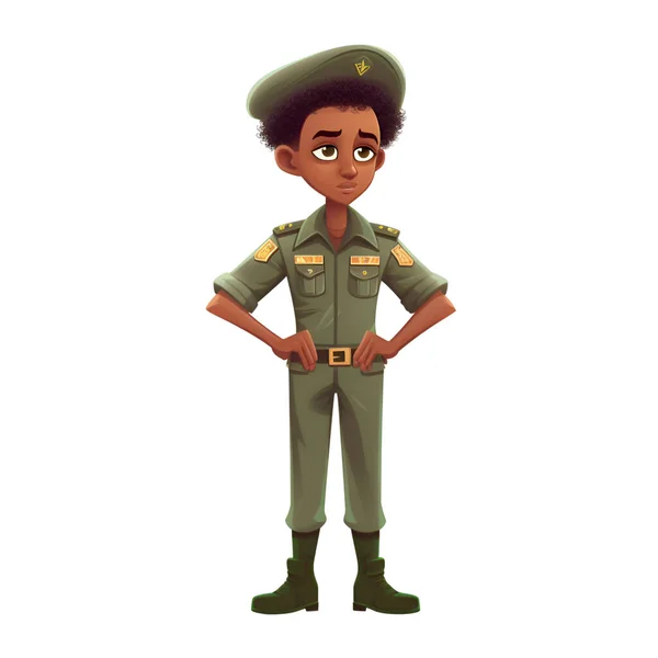 身穿军服的非裔美国男孩 在白色背景上孤立的卡通矢量图解 — 图库照片