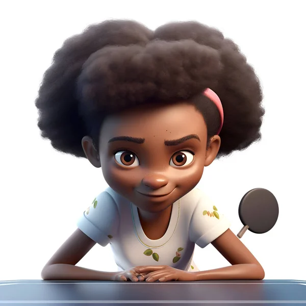带羽毛球球拍的非洲裔美国小女孩3D渲染 — 图库照片