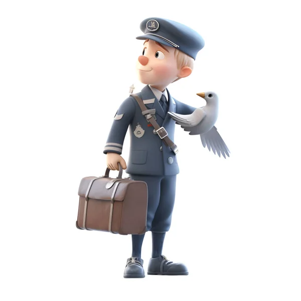 Postbode Met Koffer Een Vogel Geïsoleerd Een Witte Achtergrond — Stockfoto
