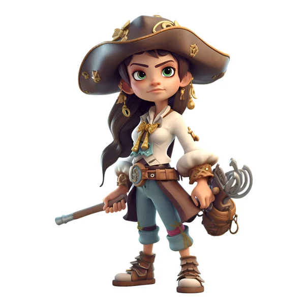 3D rendering of a cute cartoon pirate girl isolated on white background