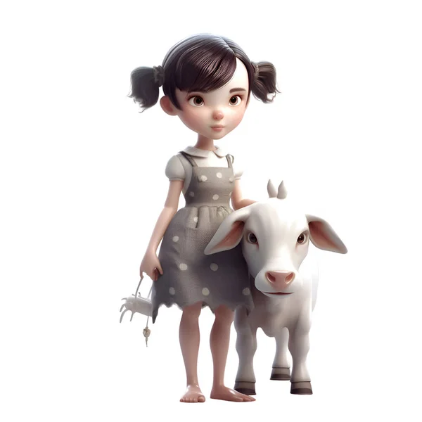 stock image Little girl and white cow. Isolated on white background. 3d rendering.