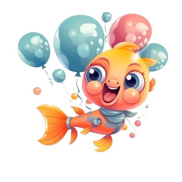 Cute cartoon goldfish with balloons. Vector illustration isolated on white background.