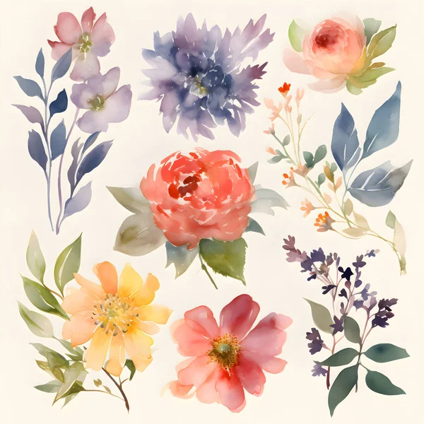 Ensemble Fleurs Aquarelles Fait Main Illustration Style Vintage — Photo