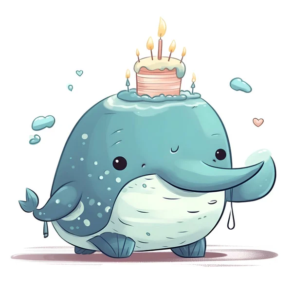 誕生日ケーキとかわいい漫画クジラ 白を基調としたベクトルイラスト — ストック写真