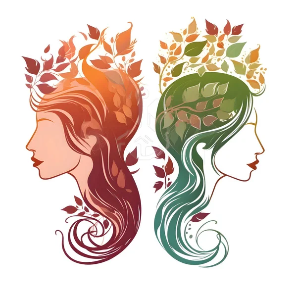 Vector Illustration Two Girls Profile Autumn Leaves Heart — Stock Photo, Image