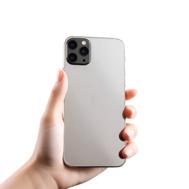 Beyaz bir arka planda el ele tutuşan akıllı telefon. 3d oluşturma.