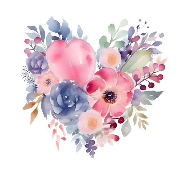 Καρδιά Ακουαρέλα Λουλούδια Χειροποίητη Απεικόνιση Που Απομονώνεται Λευκό Φόντο — Φωτογραφία Αρχείου