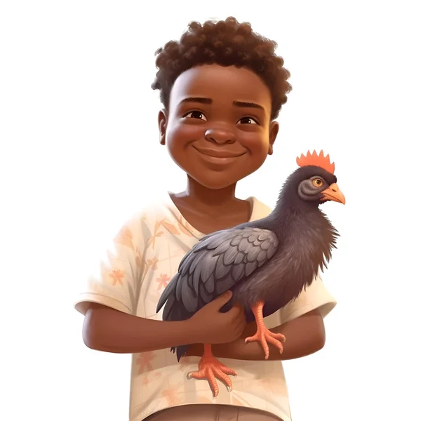 Netter Afroamerikanischer Junge Mit Einem Huhn Auf Weißem Hintergrund — Stockfoto