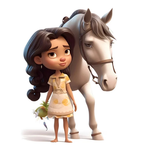 Иллюстрация Маленькой Девочки Лошади Белом Фоне — стоковое фото