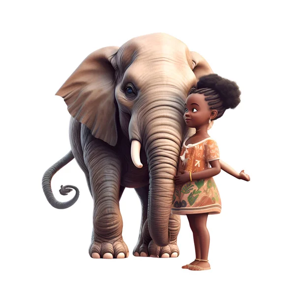 Niña Afroamericana Elefante Aislados Sobre Fondo Blanco Ilustración —  Fotos de Stock