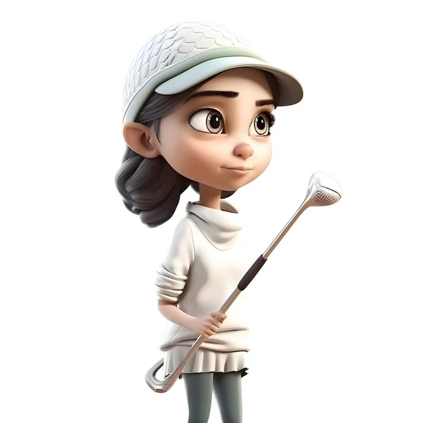 三维渲染一个可爱的女高尔夫球手与高尔夫球杆 — 图库照片
