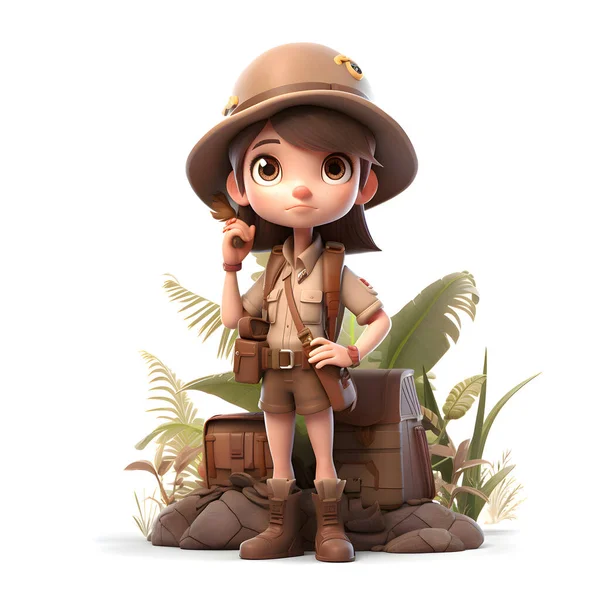 Linda Chica Exploradora Traje Safari Con Una Mochila Sombrero —  Fotos de Stock