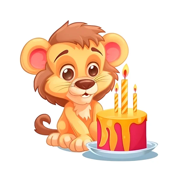 誕生日ケーキとかわいい漫画ライオン 白を基調としたベクトルイラスト — ストック写真