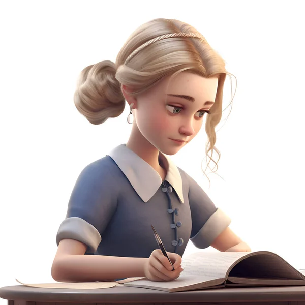 Illustratie Van Een Mooie Jonge Schoolmeisje Schrijven Een Notebook — Stockfoto