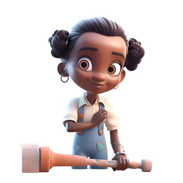 3D渲染一个可爱的非洲裔美国女孩用锤子 — 图库照片