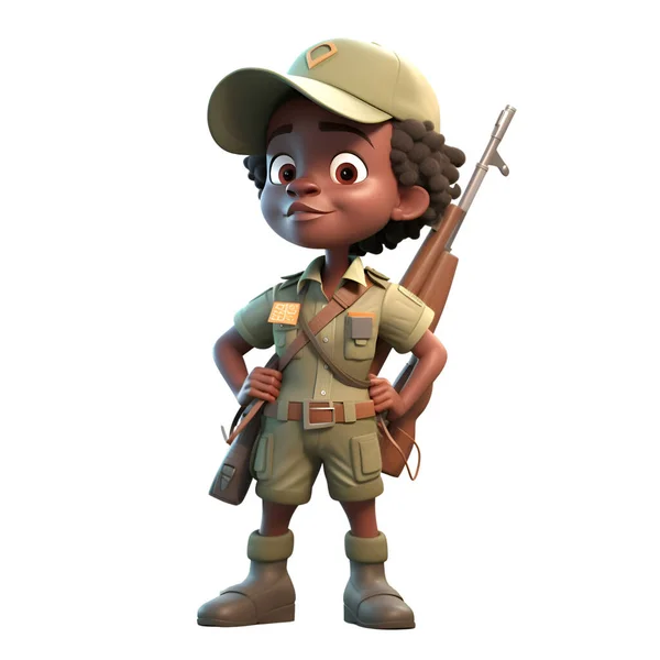 Render Маленького Афроамериканського Хлопчика Армійським Капелюхом Рушницею — стокове фото