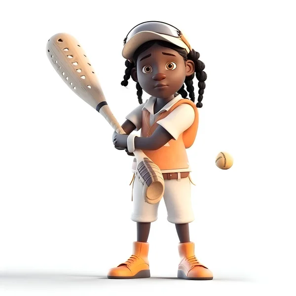 一个拿着球棒的非洲裔美国女子棒球运动员3D渲染 — 图库照片