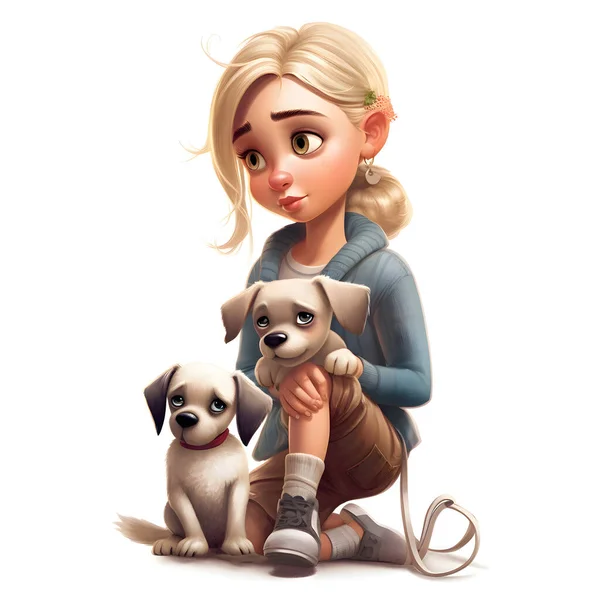 Little Girl Her Two Dogs Rendering Isolated White Background — Stock Photo, Image