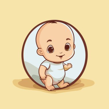 Yuvarlak çerçeveli şirin bir bebek. Çizgi film bebeğinin vektör çizimi.