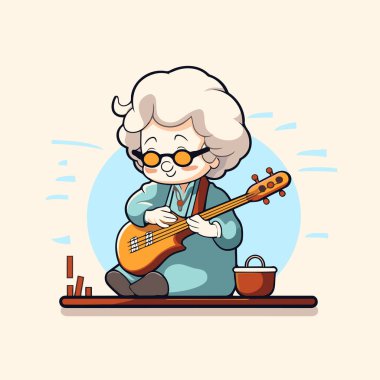 Büyükannem gitar çalıyor. Çizgi film tarzında vektör illüstrasyonu.