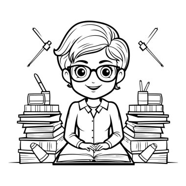Öğretmen - Siyahi ve Beyaz Çizgi Film Öğretmeni Kitap Okuma - Vektör