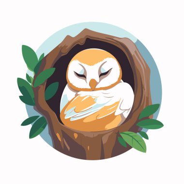 Bir ağacın oyuğunda baykuş. Çizgi film tarzında vektör illüstrasyonu.