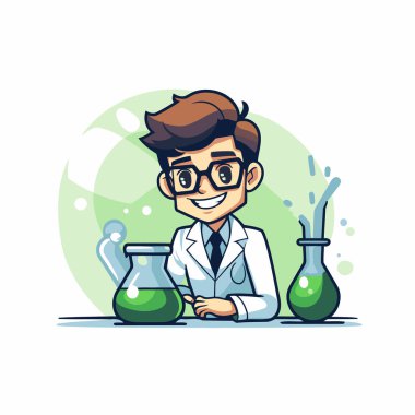 Test tüpü ve matarası olan bir bilim adamı. Çizgi film tarzında vektör illüstrasyonu