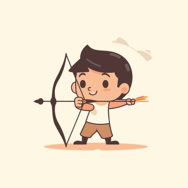 Yay ve ok vektör illüstrasyonuyla nişan alan sevimli çocuk. çizgi film karakter tasarımı