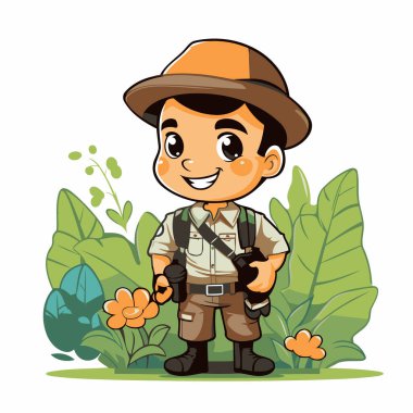 Safari kıyafetli ve şapkalı bir çocuğun resmi. Elinde silah var.