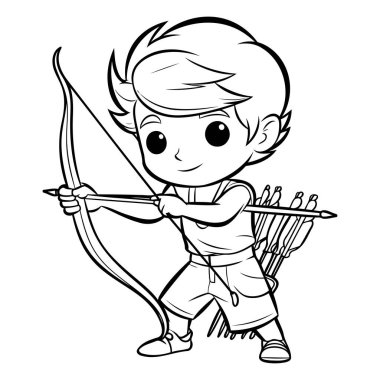 Ok ve yay ile sevimli çocuk - siyah ve beyaz vektör çizimi