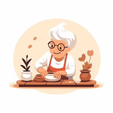 Seramik çömlek yapan yaşlı bir kadın. Düz vektör illüstrasyonu.