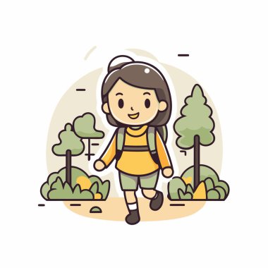 Parkta yürüyen sevimli küçük kız. Vektör düz resimleme.