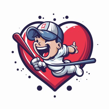 Beyzbol sopası ve kalbi olan bir beysbol oyuncusunun vektör çizimi.