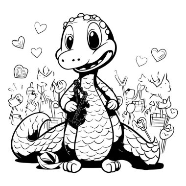 Tatlı timsah. Boyama kitabı için siyah ve beyaz vektör çizimi