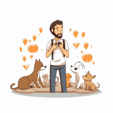 Sakallı ve bıyıklı adam köpeklerin önünde duruyor. Vektör illüstrasyonu.