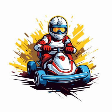 Çizgi film karting pilotu yarış pistinde. Vektör illüstrasyonu.