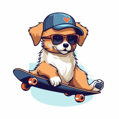 Beyaz arka planda izole edilmiş kaykaylı şirin bir köpek. Vektör illüstrasyonu.