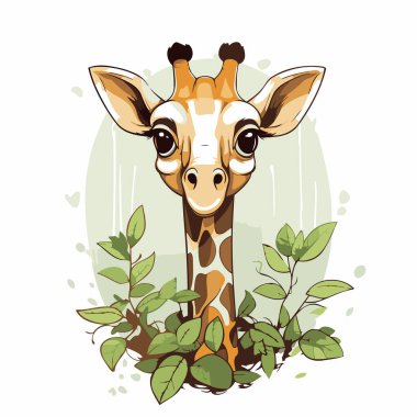 Yeşil yapraklı zürafa. Vektör illüstrasyonu beyaz arkaplanda izole edildi.