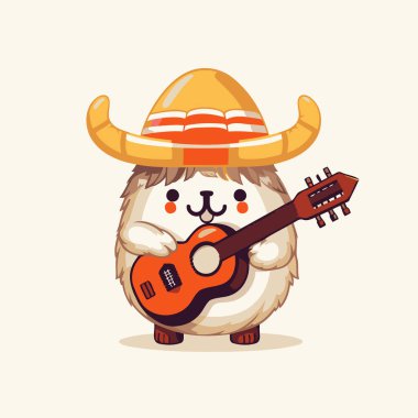 Şapkalı, gitarlı şirin bir koyun. Vektör illüstrasyonu.