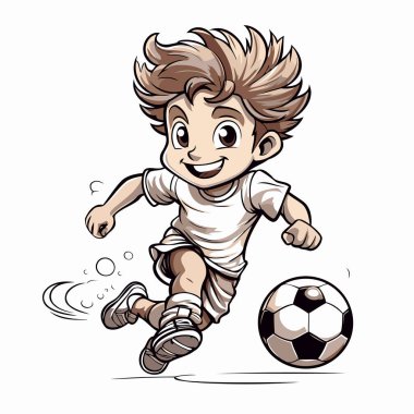 Futbolcu koşuyor ve topa vuruyor. Çizgi film vektör illüstrasyonu.