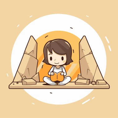 Taş çölde kitap okuyan bir kız. Vektör çizgi film illüstrasyonu.