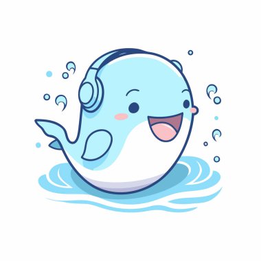 Suda kulaklıkları olan şirin bir balina. Beyaz arkaplanda vektör illüstrasyonu.