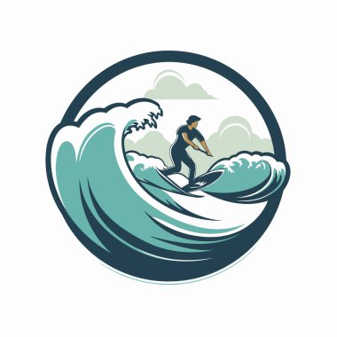 Dalgadaki sörfçü. Sörf tahtasındaki bir sörfçünün vektör çizimi.