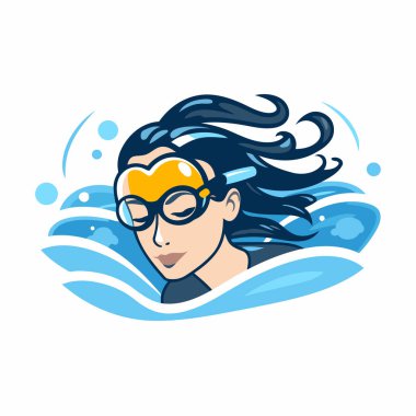 Gözlüklü ve şnorkeli olan yüzen bir kadının vektör çizimi.