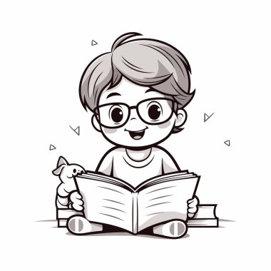 Çizgi roman vektör illüstrasyonunu okuyan sevimli çocuk. Gözlüklü şirin çocuk kitap okuyor..