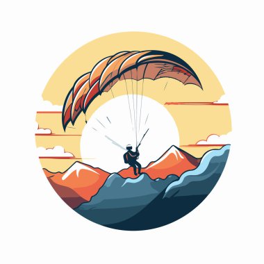Paraglider dağların üzerinden uçuyor. Retro biçiminde vektör illüstrasyonu
