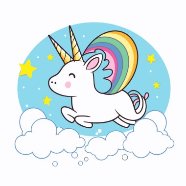 Buluttaki şirin tek boynuzlu at. Çizgi film tarzında vektör illüstrasyonu.