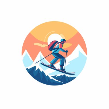 Dağlarda kayakçı. Kış sporu. Düz biçimli vektör illüstrasyonu